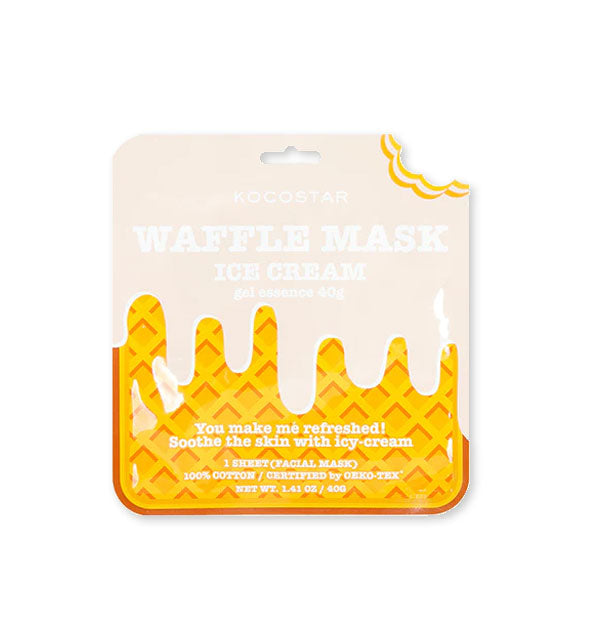 Kocostar Ice Cream Waffle Mask packet with corner "bite" mark cutout features a yellow waffle design with drip-effect illustration on the upper half
