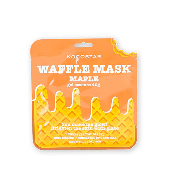 Yellow and orange Kocostar Maple Waffle Mask packet with corner "bite" mark cutout