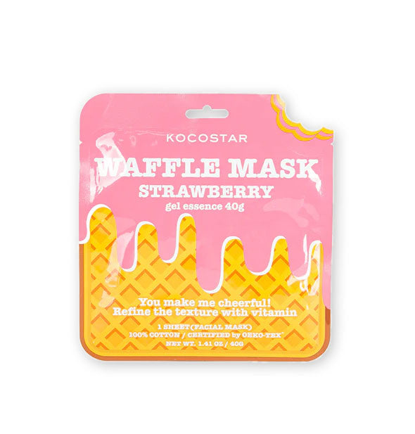 Pink and yellow Kocostar Strawberry Waffle Mask packet with corner "bite" mark cutout
