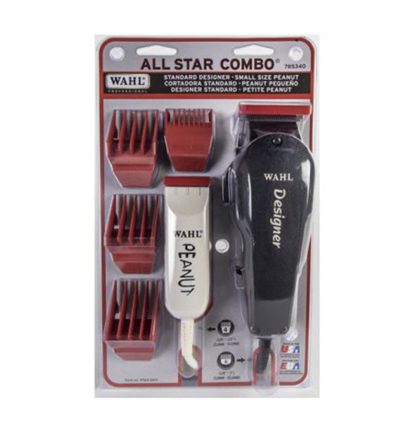 Wahl All Star Combo blister card with black Designer clipper and white Peanut clipper attached alongside four red comb attachments
