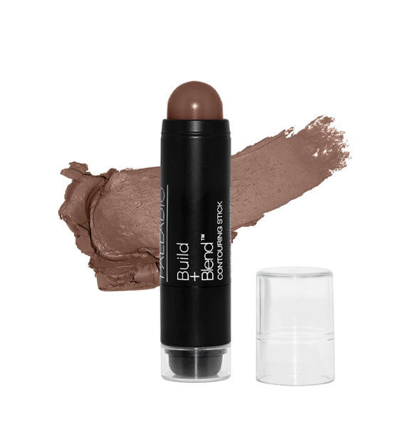 Palladio Build + Blend Contouring Stick with color swatch behind in the shade Warm Brown