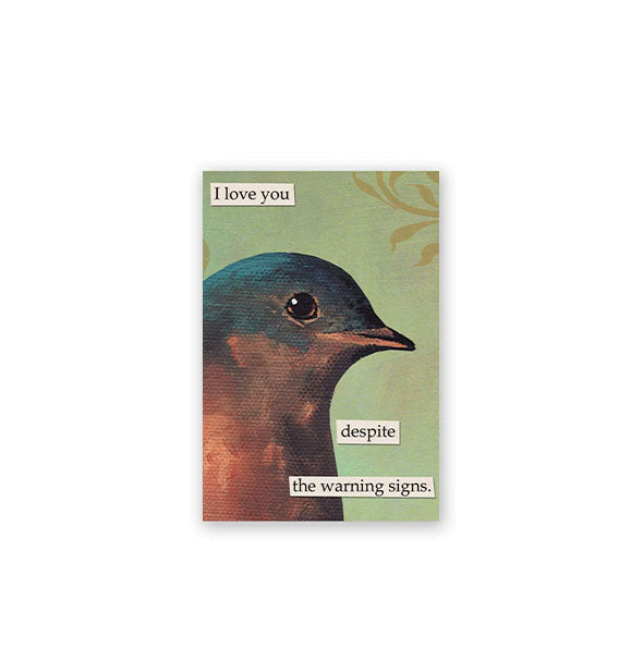 Rectangular magnet with artwork of bird head on a green background says, "I love you despite the warning signs."