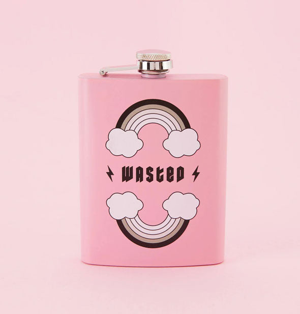 Rectangular pink flask featuring grayscale rainbows and clouds designs says, "Wasted" in black lettering between two black lightning bolts