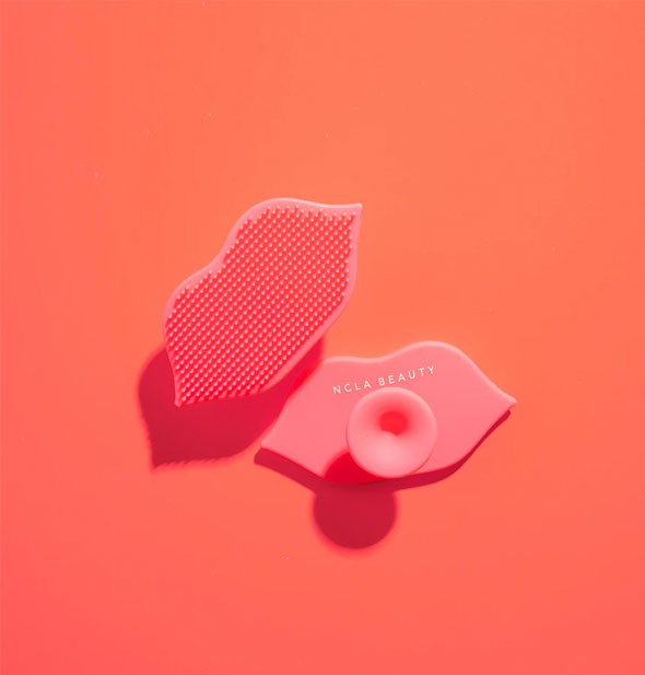 NCLA Beauty pink textured lip-shaped scrubber shown from the front and back
