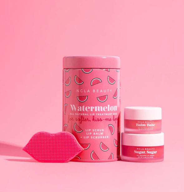 NCLA Beauty Watermelon Lip Care Duo tin with contents shown: two jars of product and one pink lip-shaped scrubber
