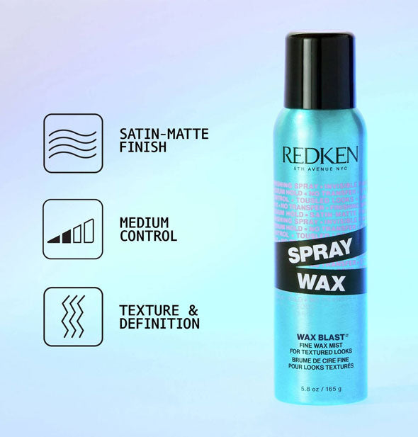 Can of Redken Spray Wax is labeled with its key benefits accented by infographics: Satin-matte finish, medium control, texture & definition