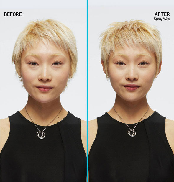 Side-by-side comparison of model's hair before and after styling with Redken Spray Wax