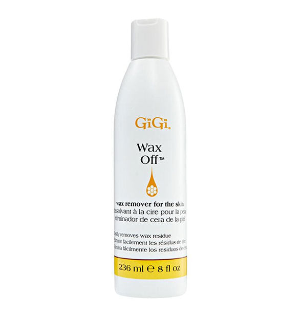 8 ounce white bottle of GiGi Wax Off wax remover with black and yellow lettering and design accents