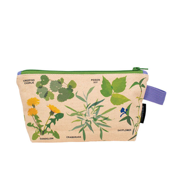 Canvas pouch with all-over labeled weed illustrations, top green zipper, and side purple loop