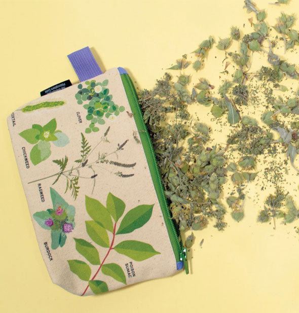 Canvas "weed" pouch lays open on its side spilling out crushed green plants onto a yellow surface