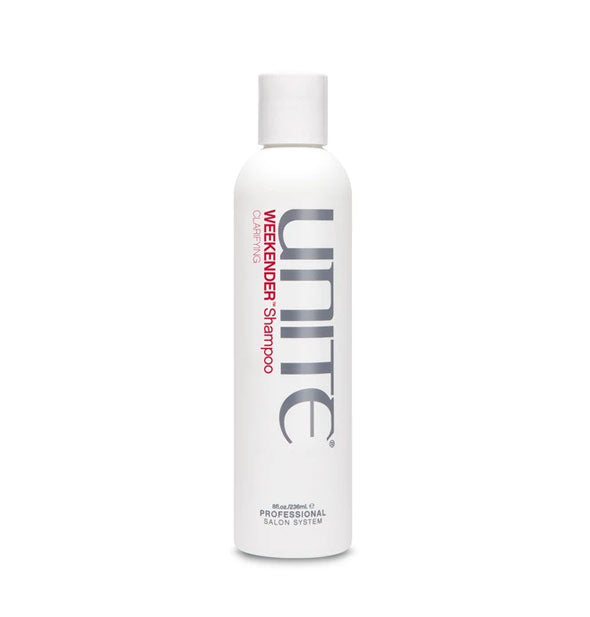 White 8 ounce bottle of Unite Weekender Shampoo