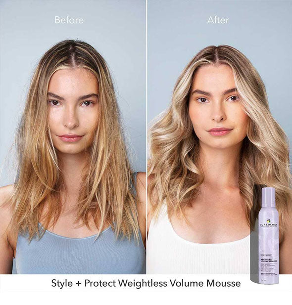 Before and after results of styling with Pureology Style + Protect Weightless Volume Mousse