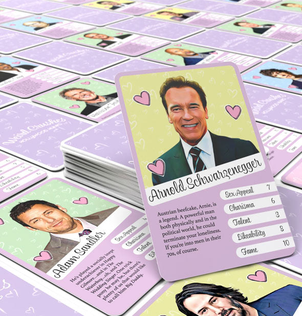 Sample cards from the Weird Crushes: Hollywood Hunks Game with Arnold Schwarzenegger at the forefront
