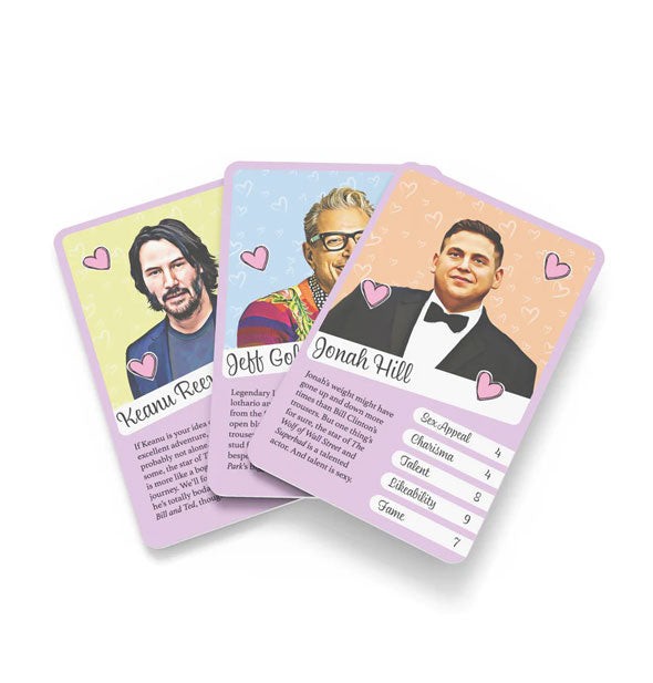 Sample cards from the Weird Crushes: Hollywood Hunks game depicting Keanu Reeves, Jeff Goldblum, and Jonah Hill