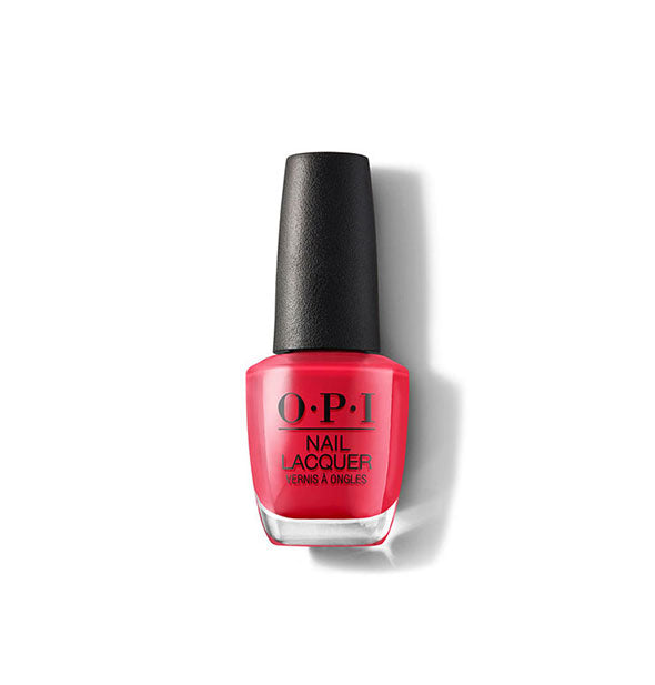 Bottle of OPI Nail Lacquer in a reddish-pink shade