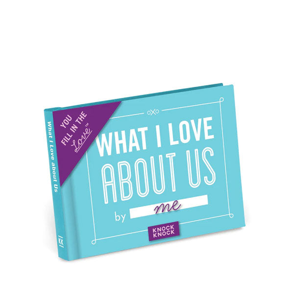 Light blue cover of What I Love About Us fill-in book with white and purple design elements