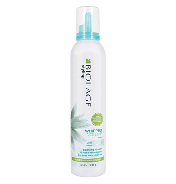 White 8.5-ounce can of Biolage Styling Whipped Volume Bodifying Mousse with blue and green design accents