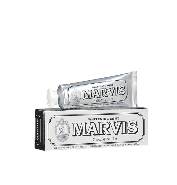 Mini tube of Marvis Whitening Mint toothpaste with box packaging