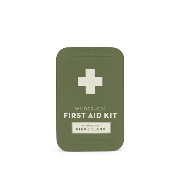 Olive drab Wilderness First Aid Kit tin with graphic