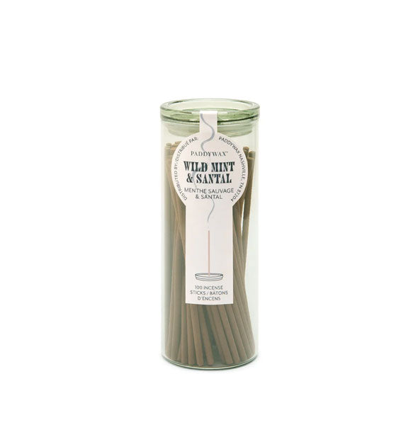 Green glass tube holds 100 sticks of Paddywax Wild Mint & Santal incense