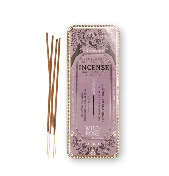 Rectangular tin of 40 Ultra Fine Incense Bamboo Sticks & Burner in Wild Rose scent with some sticks removed