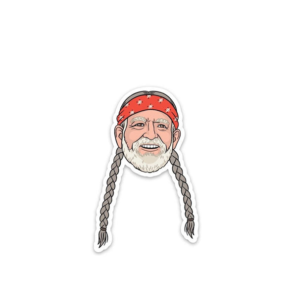 Sticker with illustration of Willie Nelson in long braids and red bandana