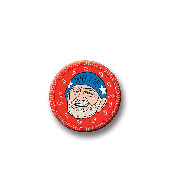 Round magnet with red bandana motif and portrait of Willie Nelson in the center