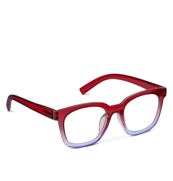 Three-quarter view of a pair of clear red and purple gradient glasses