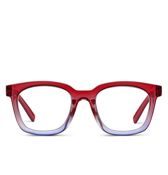Front view of a pair of clear red and purple gradient glasses