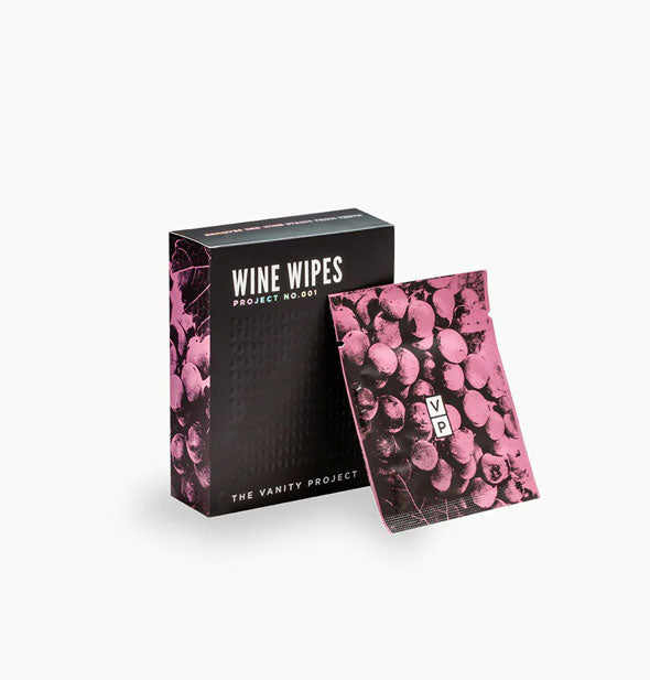 Box and pack of Wine Wipes by The Vanity Project with black and purple grapes design