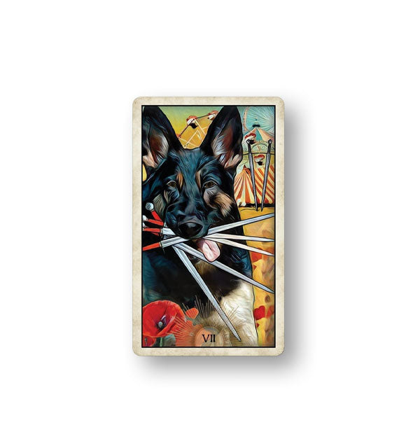 VII card from the Wise Dog tarot Deck card from the Wise Dog tarot Deck with illustration of a German Shepherd holding swords in its mouth