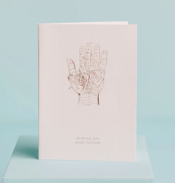 Greeting card featuring an intricate vintage palmistry diagram is captioned, "Wishing you good fortune"