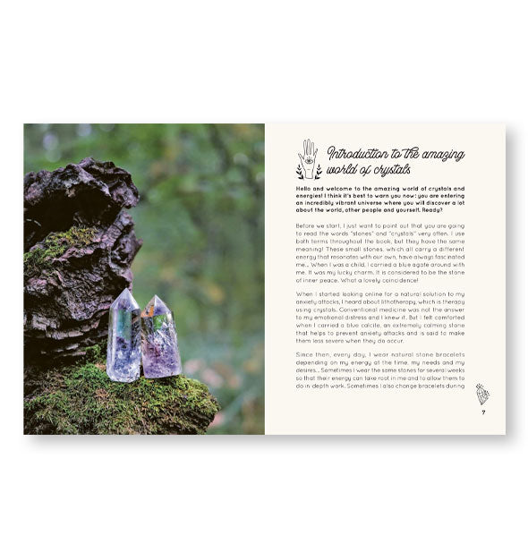 Page spread from The Witch's Apprentice: Crystals & Energies features a full-color photo of two gemstones on a mossy surface alongside a chapter titled, "Introduction to the amazing world of crystals"