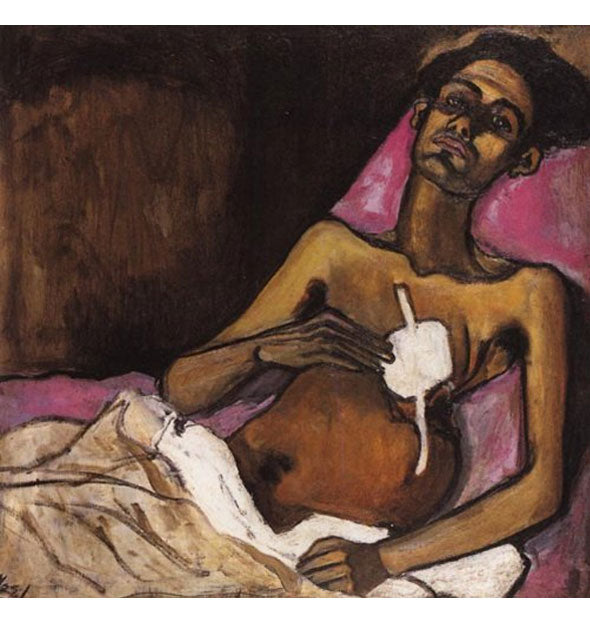 Painting of an expressionless woman lying in bed holding a bandage over an apparent chest wound