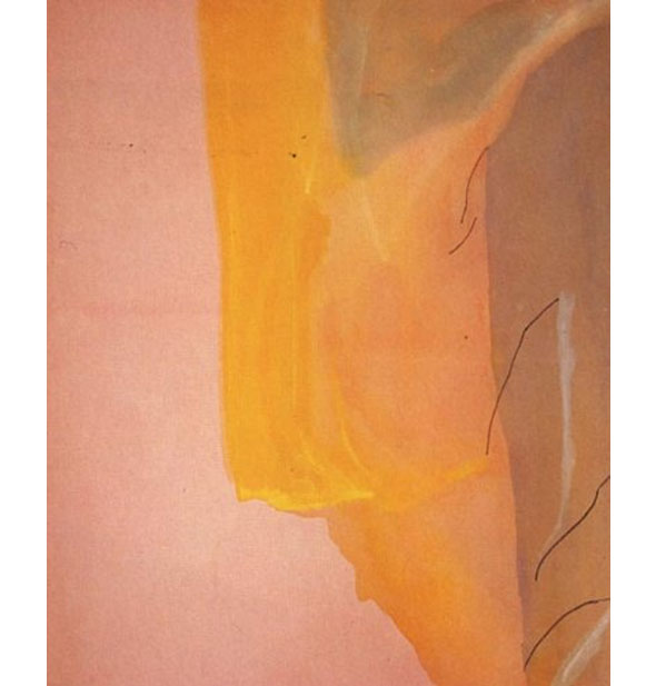 Abstract painting in warm tones with several thin, uneven lines on the right side
