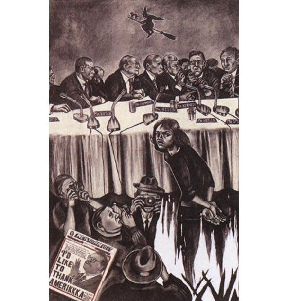 Charcoal drawing of a woman with hands behind her back in front of photographers and a panel of politicians features a witch flying on a broom in the background and a newspaper in the foreground with the headline, "I'd Like to Thank Amerikkka"