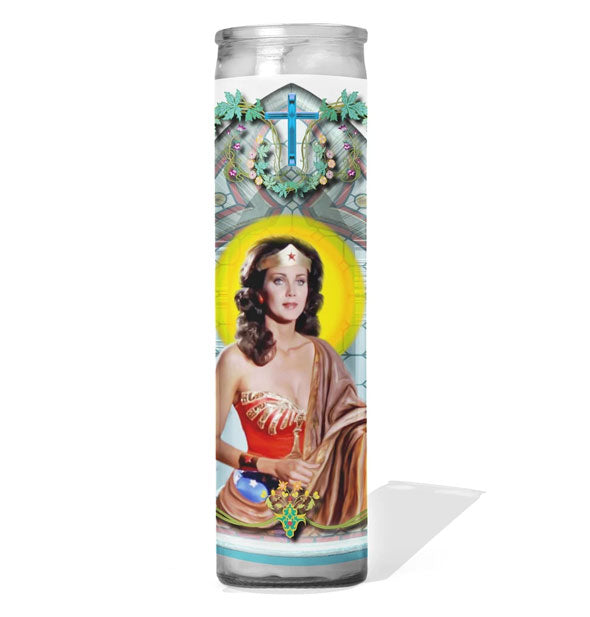 Glass prayer candle featuring image of Lynda Carter as Wonder Woman