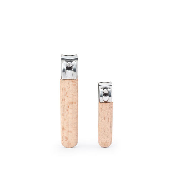 One large (toenail) and one small (fingernail) stainless steel nail clipper each with a wooden handle