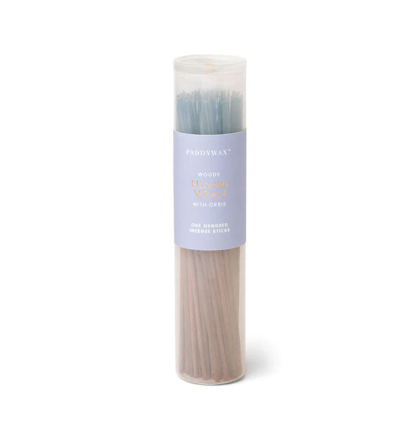 Frosty glass tube filled with 100 sticks of Hinoki Wood incense by Paddywax