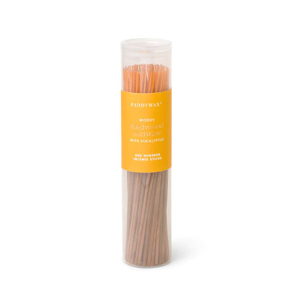 Frosty glass tube filled with 100 sticks of Redwood Amber incense by Paddywax