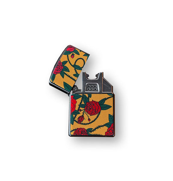 Flip-top red, green, and yellow thorny rose print lighter