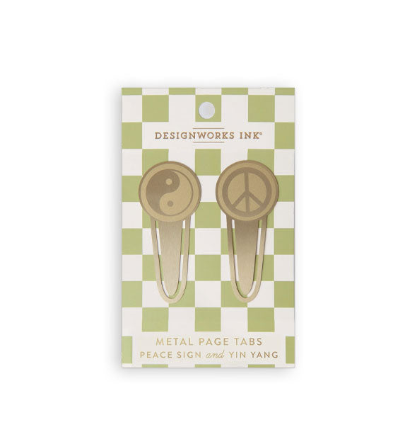 Gold metal page tabs featuring yin yang and peace designs on a white and green checker print DesignWorks Ink product card