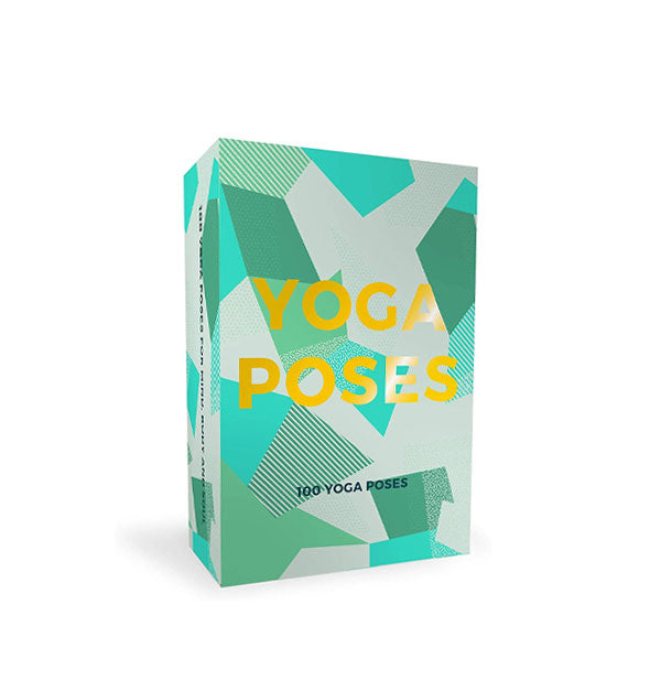 Box of Yoga Poses cards with blue-green and grey geometric design