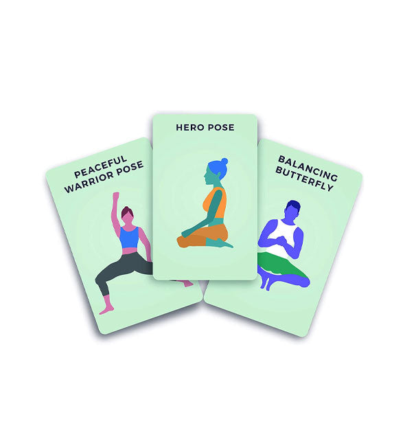 Sample cards from the Yoga Poses deck illustrate Peaceful Warrior, Hero, and Balancing Butterfly