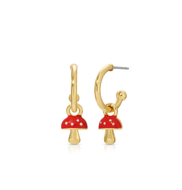 Pair of gold open-ended post hoop earrings with red enamel mushroom charms attached