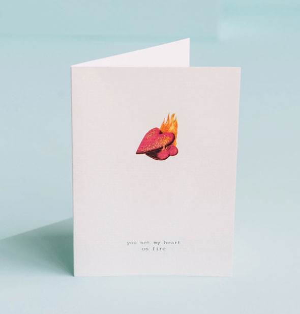Greeting card featuring illustration of a heart set ablaze is captioned, "You set my heart on fire"
