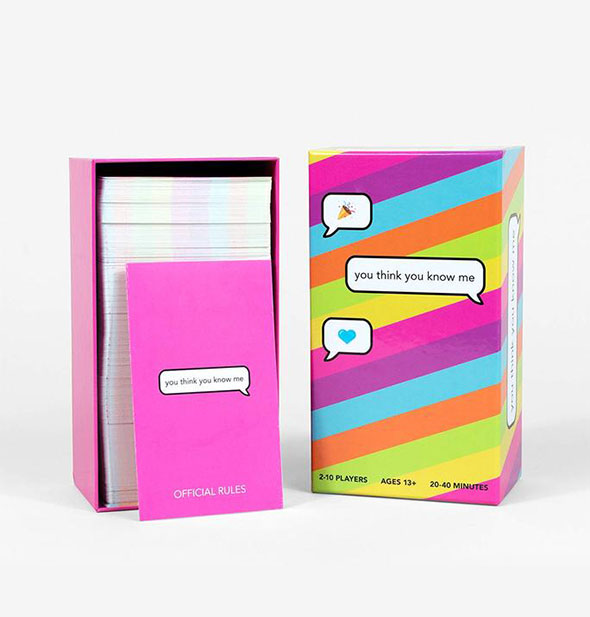 Colorful card game box and rule booklet