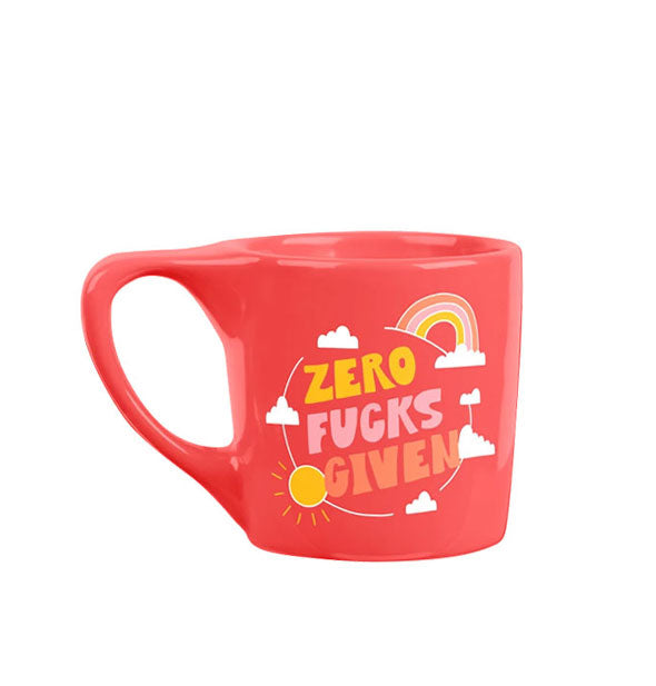 Coral mug with sunshine, rainbow, and clouds illustrations says, "Zero fucks given"