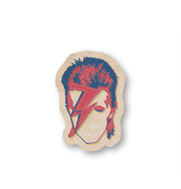Sticker with light brown background features a red and blue stylized image of Ziggy Stardust