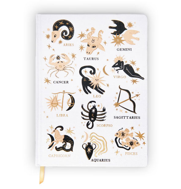 White journal cover features all-over labeled illustrations of the signs of the zodiac in gold and dark blue